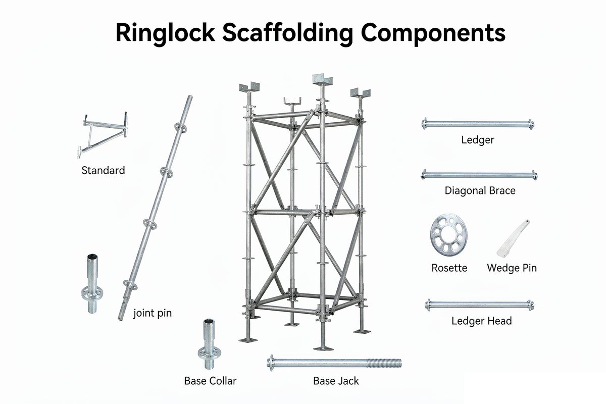 Labelled photo of ringlock scaffolding components: standard, ledger, diagonal brace, rosette, wedge pin, base collar and base jack