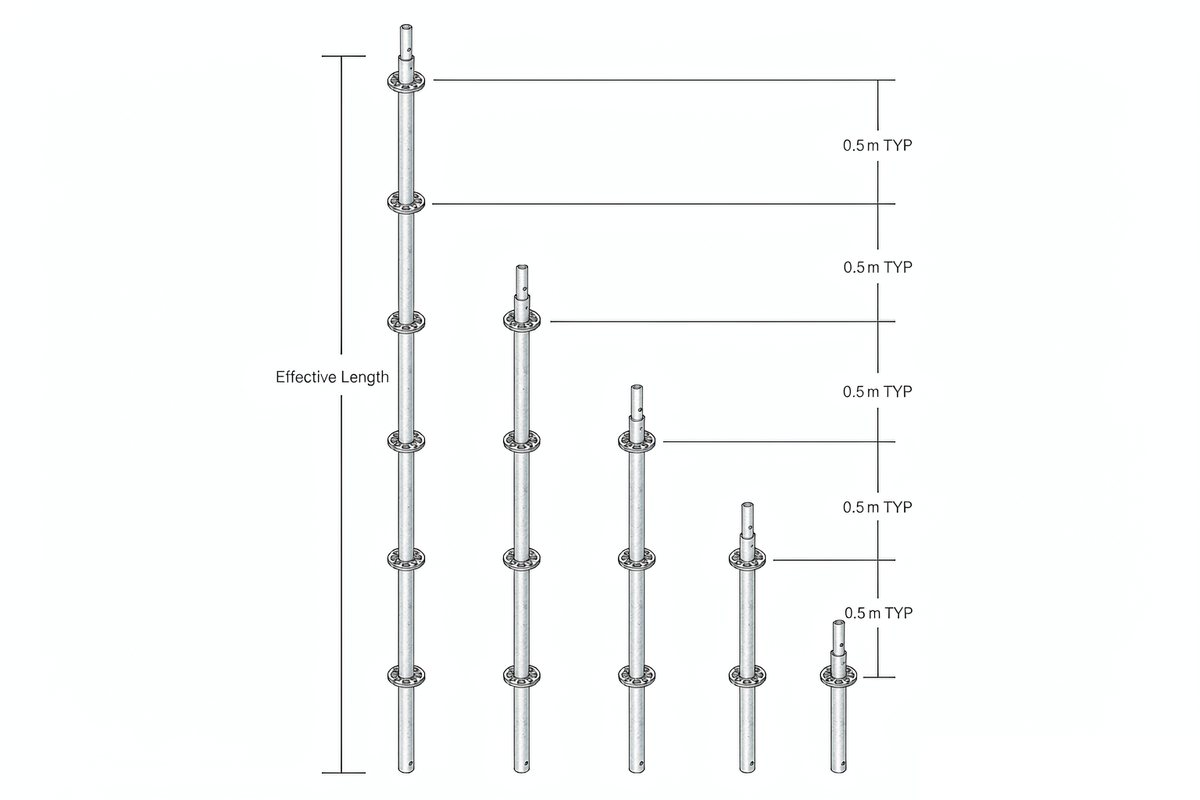 Technical diagram of ringlock standard verticals with rosettes at 0.5 m intervals showing effective length